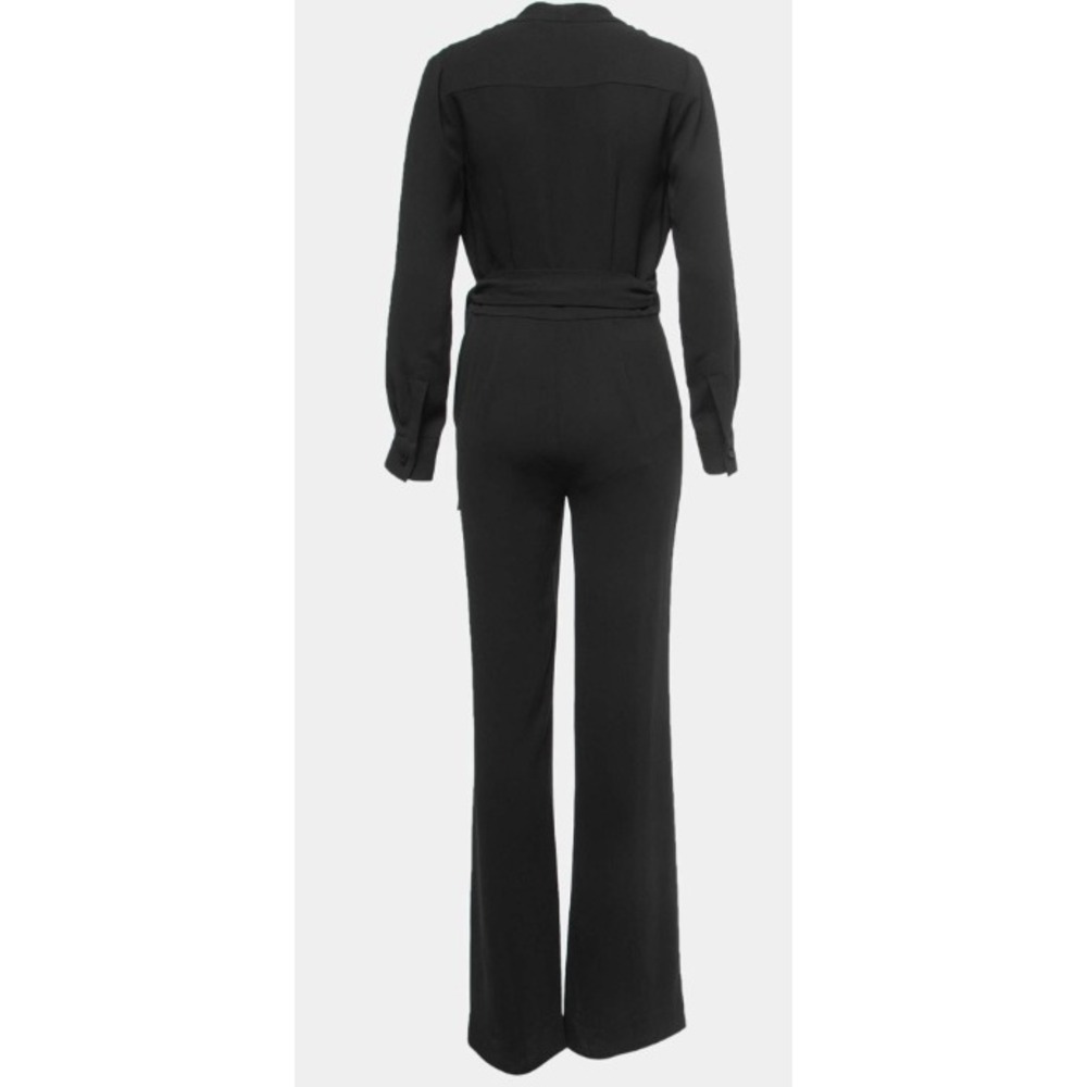 Diane von Furstenberg Black Wrap Long Sleeve Wide Leg Jumpsuit Sz 2 DVF Crepe